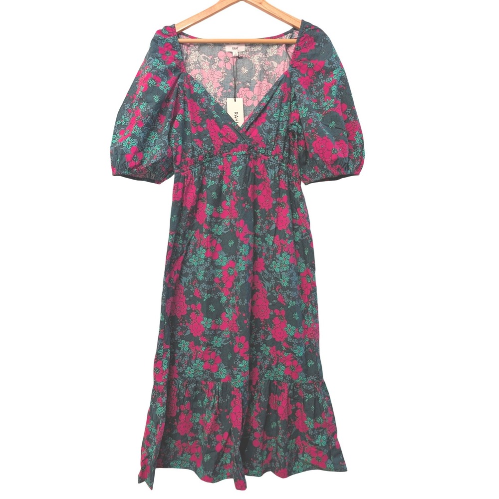 Rahi Floral Midi Dress Womens Small Green Pink NEW Puff Sleeve Cotton RC 8512